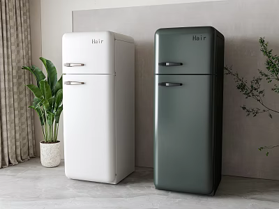 Two Haier Retro Style Refrigerators White And Dark Green In Modern Home Interior With Plants 3d model