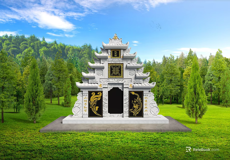 Traditional Chinese Garden Ornament Featuring White Structure Black Gate Golden Carvings Green Lawn And Trees 3d model 