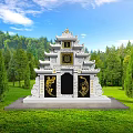 Traditional Chinese Garden Ornament Featuring White Structure Black Gate Golden Carvings Green Lawn And Trees