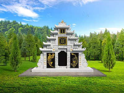 Traditional Chinese Garden Ornament Featuring White Structure Black Gate Golden Carvings Green Lawn And Trees 3d model