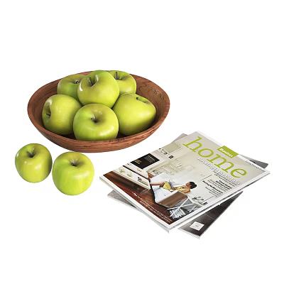 Fresh Green Apples Placed in Wooden Bowl Alongside Home Magazines 3d model Fresh Green Apples Placed in Wooden Bowl Alongside Home Magazines 3d model