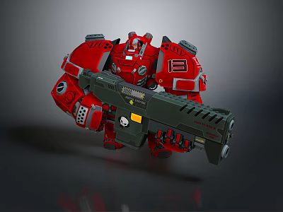Red Mechanical Mech Character Holding Large Green Weapon With Armor Details 3d model