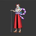 Game Movie Character With Red Long Skirt Horns Purple White Stripes And Blue Hair