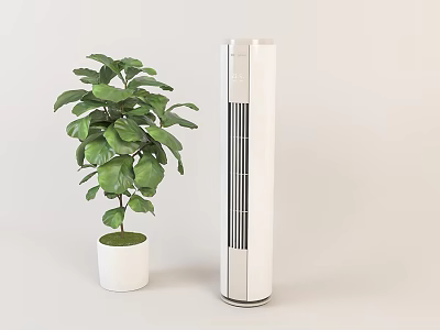 White Column Design Air Cooler Fan with Green Plant in White Pot 3d model