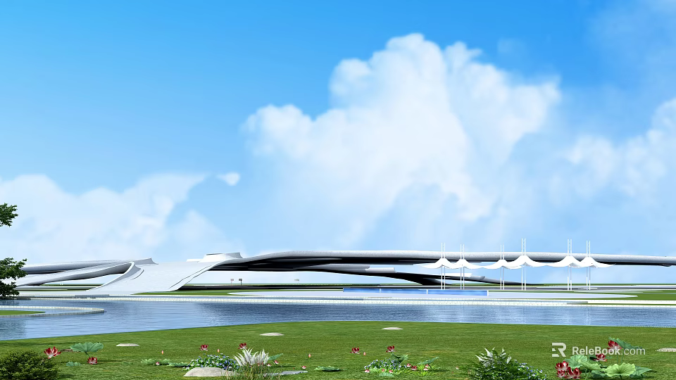 Modern Road Infrastructure Bridge Over Water With Green Lawn And Open Sky Design 3d model 