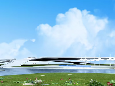 Modern Road Infrastructure Bridge Over Water With Green Lawn And Open Sky Design 3d model