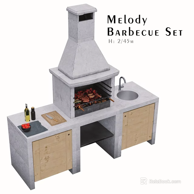 Outdoor Barbecue Set With Grill Skewers Sink Cutting Board And Wooden Cabinets 3d model 