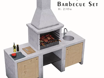 Outdoor Barbecue Set With Grill Skewers Sink Cutting Board And Wooden Cabinets 3d model