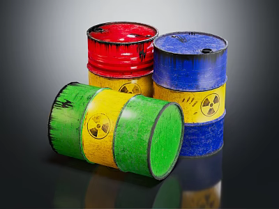 Radioactive Waste Barrels In Red Yellow Blue Green With Radioactive Symbols 3d model