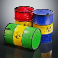 Radioactive Waste Barrels In Red Yellow Blue Green With Radioactive Symbols