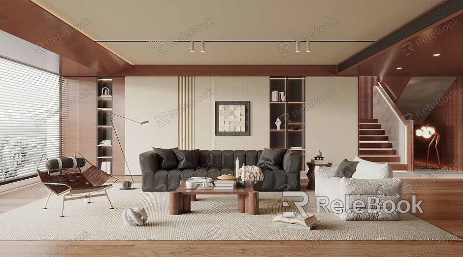 Quiet and ancient style living room sofa coffee table combination leisure chair picture floor lamp model