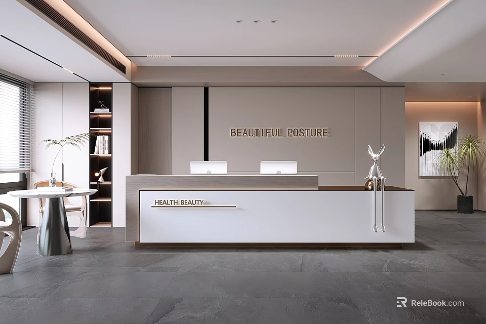 Modern Reception Desk Interior Design With Beautiful Residence Sign Sculpture And Decorative Plants 3d model 
