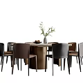 Modern Round Dining Table Set With Chairs Vase And Decorative Plants 3d model