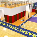 Indoor Modern Basketball Gym With Colorful Floor Bleachers And Ceiling Lights