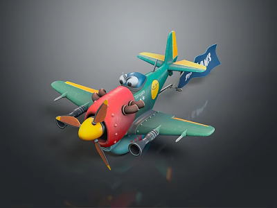 Cartoon Style Airplane Model Featuring Green Yellow Red Blue Colors NAF On Tail And Propeller 3d model
