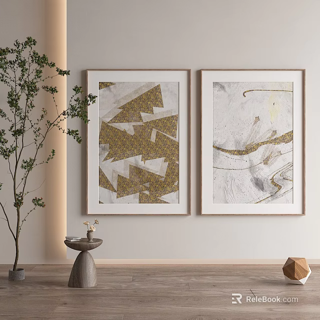 Abstract Wall Art With Gold White Patterns In White Frames And Green Plant 3d model