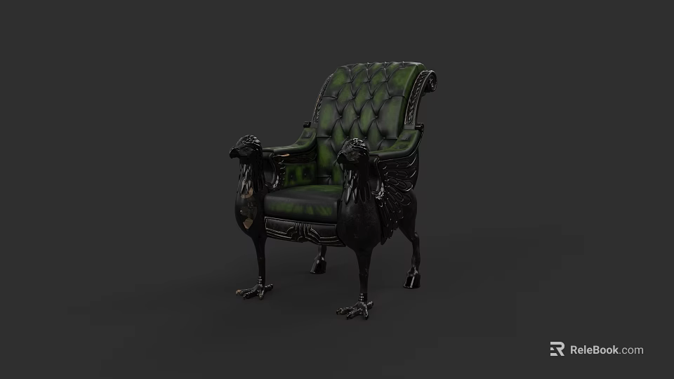 Green Tufted Armchair With Black Armrests And Ornate Claw Feet Design 3d model 