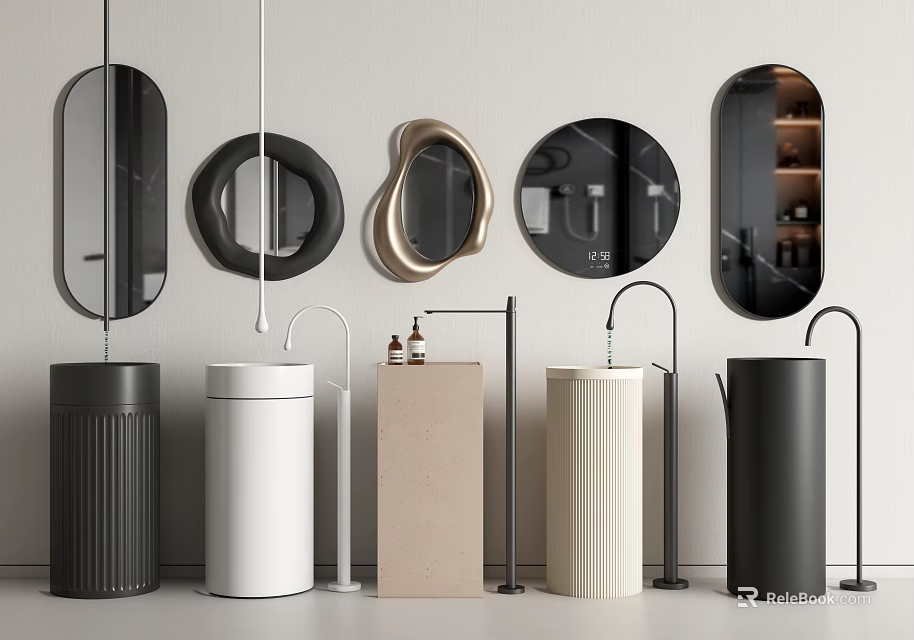 Modern Bathroom Washbasins with Various Designs Round Oval Mirrors Faucets and Toiletries 3d model 