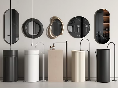 Modern Bathroom Washbasins with Various Designs Round Oval Mirrors Faucets and Toiletries 3d model