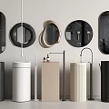 Modern Bathroom Washbasins with Various Designs Round Oval Mirrors Faucets and Toiletries