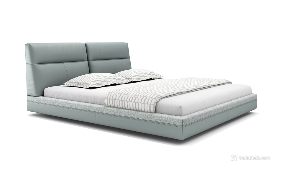 Modern Double Bed With Gray Headboard Striped Bedding And Pillows 3d model 