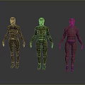 Three Humanoid Creature Characters Standing Side By Side With Textured Suits And Blue Gloves 3d model