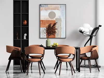 Modern Dining Table Set With Wooden Chairs Wall Art And Decorative Vase 3d model
