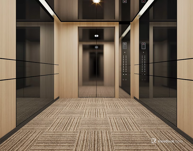Sleek Modern Elevator Hall Interior With Spacious Layout Patterned Carpet And Wooden Panel Walls 3d model 