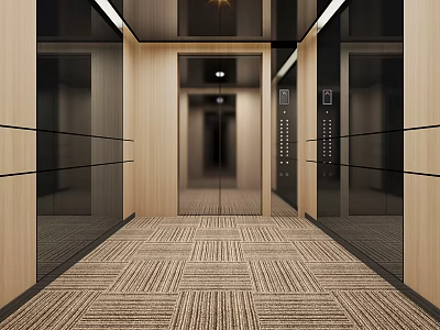 Sleek Modern Elevator Hall Interior With Spacious Layout Patterned Carpet And Wooden Panel Walls 3d model