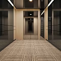 Sleek Modern Elevator Hall Interior With Spacious Layout Patterned Carpet And Wooden Panel Walls 3d model