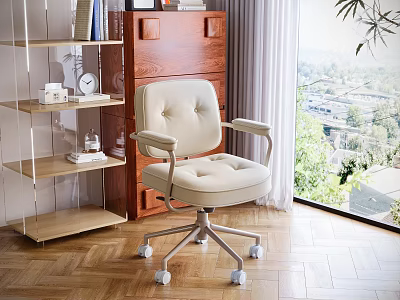 Beige Upholstered Office Chair With Armrests Swivel Base And Bookshelf In Home Study 3d model