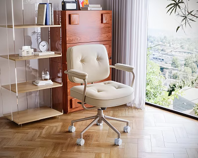Beige Upholstered Office Chair With Armrests Swivel Base And Bookshelf In Home Study 3d model