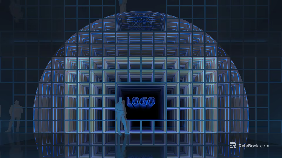 Futuristic Technology Exhibition Hall With Blue Lit Grid Structure Entrance Design 3d model 