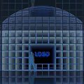 Futuristic Technology Exhibition Hall With Blue Lit Grid Structure Entrance Design