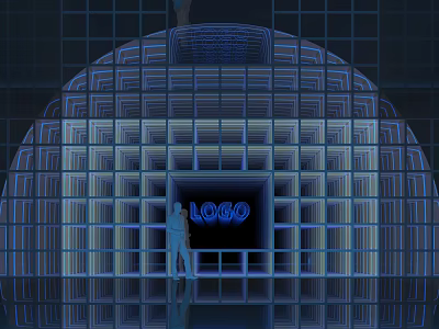 Futuristic Technology Exhibition Hall With Blue Lit Grid Structure Entrance Design 3d model