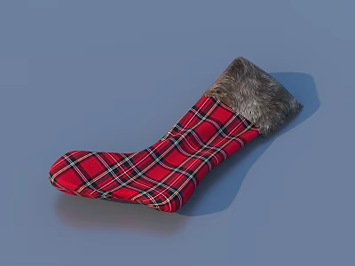 Festive Red Plaid Christmas Stocking With Soft Fur Trim Decoration 3d model