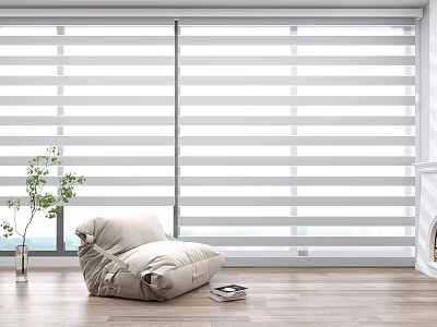 White Window Blinds With Beige Bean Bag Chair Green Plant Wooden Floor And Ocean View 3d model