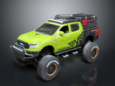 Bright Green Functional Pickup Truck With Large Tires And Roof Rack 3d model