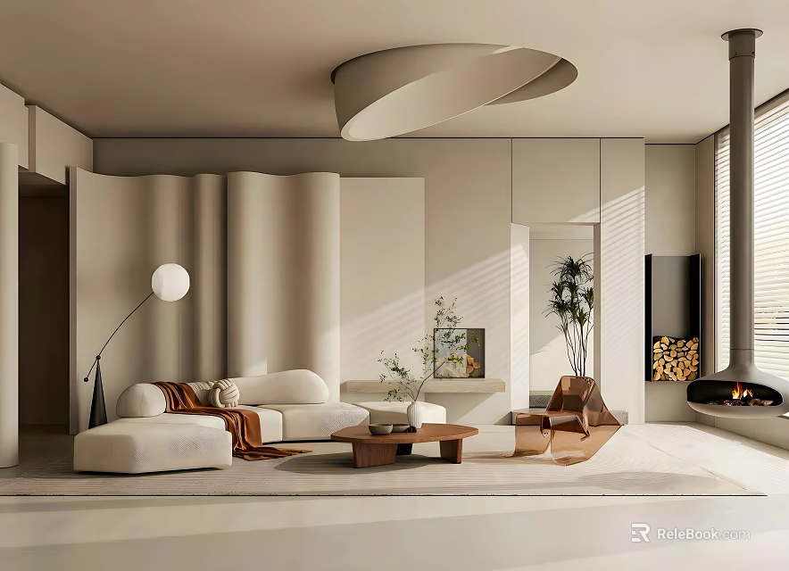 Modern Living Room Interior With White Sofa Brown Throw Blanket Coffee Table Floor Lamp Fireplace 3d model 