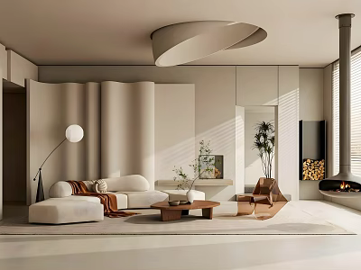 Modern Living Room Interior With White Sofa Brown Throw Blanket Coffee Table Floor Lamp Fireplace 3d model