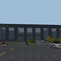 Modern Office Building With Glass Curtain Wall Exterior Parking Lot Cars Trees And Cloudy Sky
