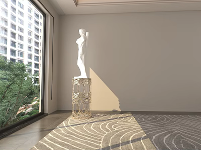 Bright Room With White Sculpture On Golden Carved Pedestal And Wavy Patterned Carpet 3d model