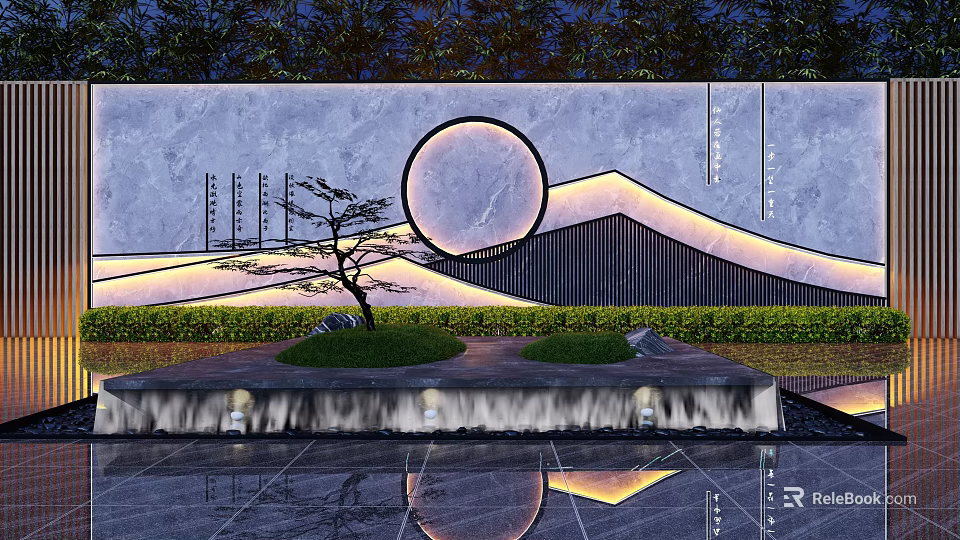 Modern Garden Landscape Wall with Circular Panel Mountain Shaped Design Soft Lighting and Green Plants 3d model 