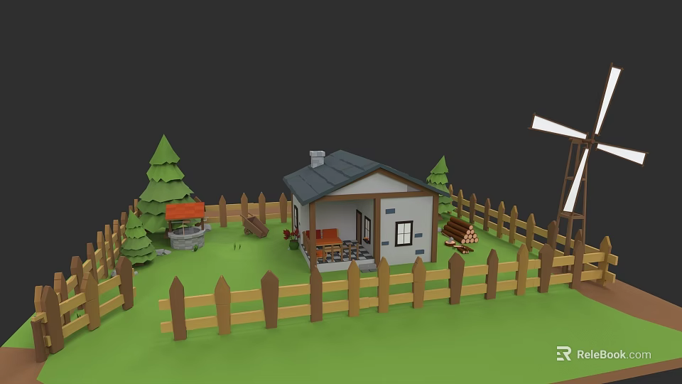 Rural Cottage Scene With Wooden Fence Windmill Trees Bench And Grill On Green Lawn 3d model 