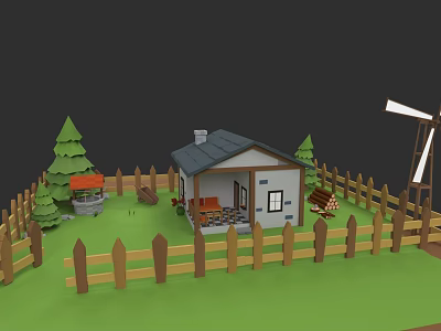 Rural Cottage Scene With Wooden Fence Windmill Trees Bench And Grill On Green Lawn 3d model
