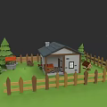 Rural Cottage Scene With Wooden Fence Windmill Trees Bench And Grill On Green Lawn