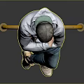 A Man In Gray Hoodie And Blue Jeans Leaning On Yellow Railing With Gray Background