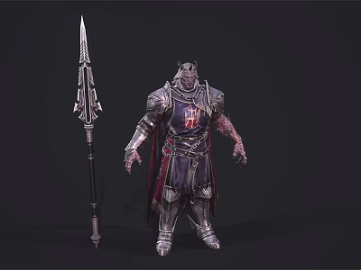 Game Movie Character Armored Warrior With Ornate Spear Medieval Crest And Red Blue Elements 3d model