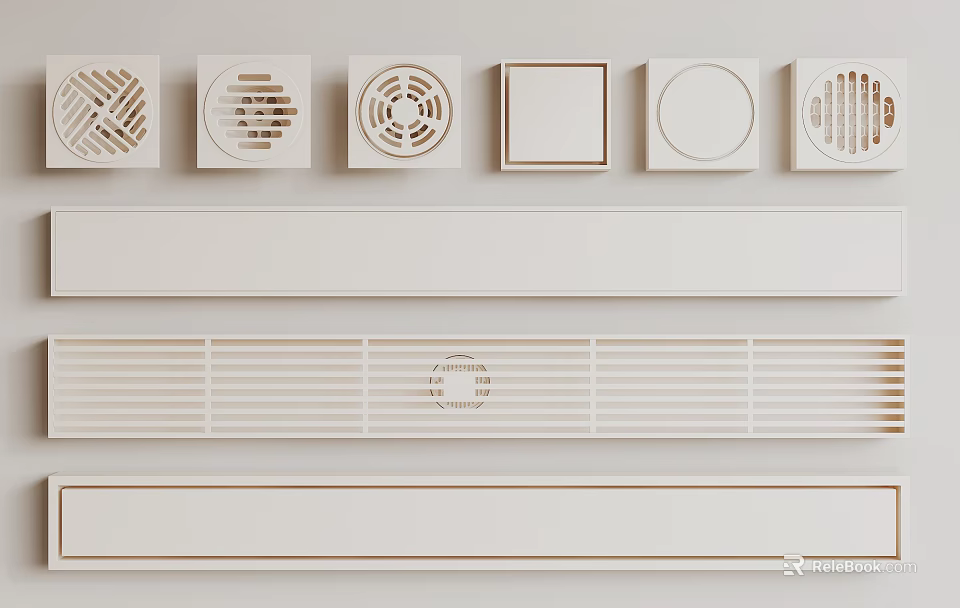 Various Decorative Vent Covers With Different Shapes And Patterns On White Wall 3d model 