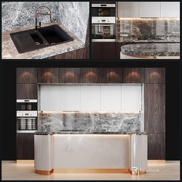Modern Kitchen Interior Design With Marble Countertop And Stylish Cabinets 3d model 